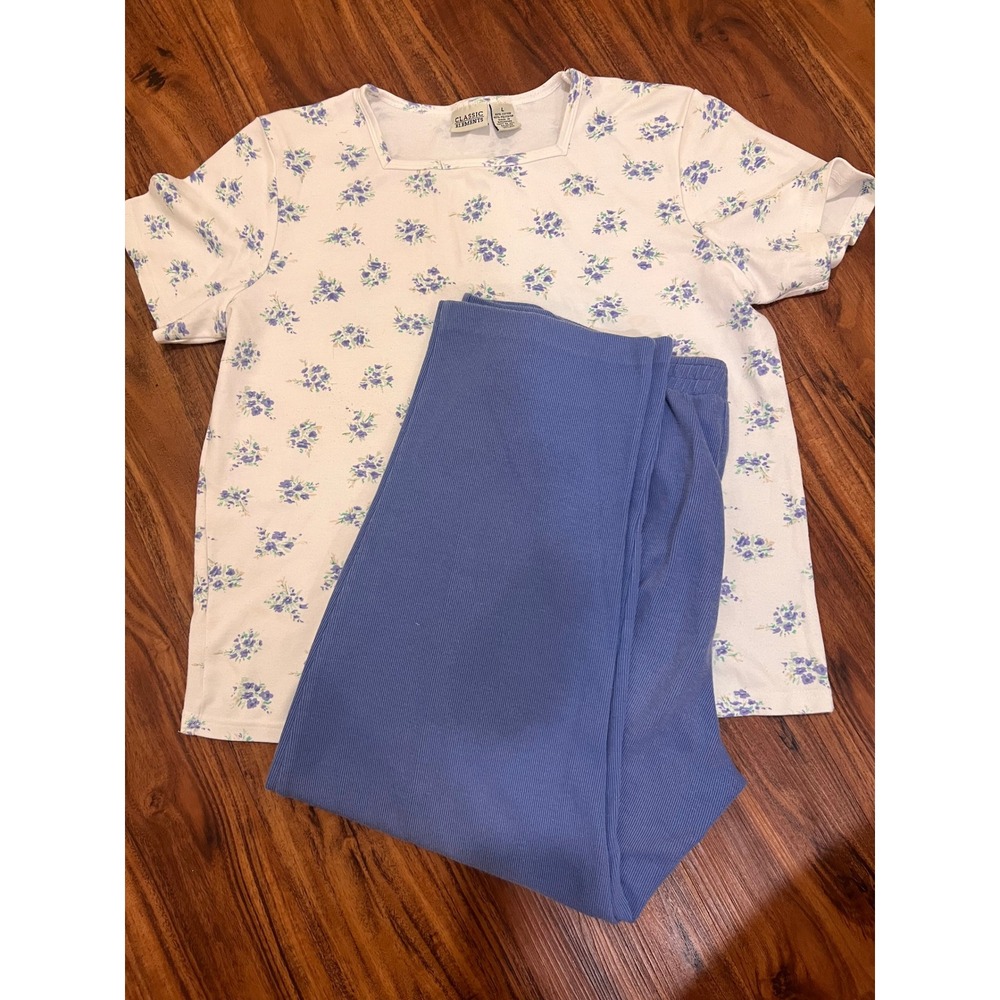 Classic Elements & Eccobay Pajama Set Womens L Blue White Floral Fair Loungewear